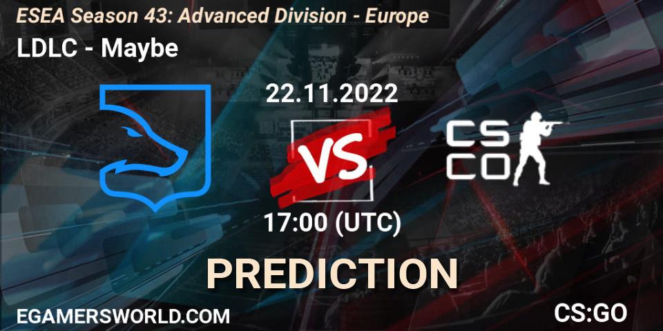 LDLC contre Maybe : prédiction de match. 22.11.2022 at 17:00. Counter-Strike (CS2), ESEA Season 43: Advanced Division - Europe