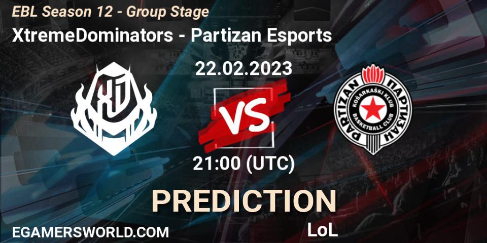 XtremeDominators contre Partizan Esports : prédiction de match. 22.02.23. LoL, EBL Season 12 - Group Stage