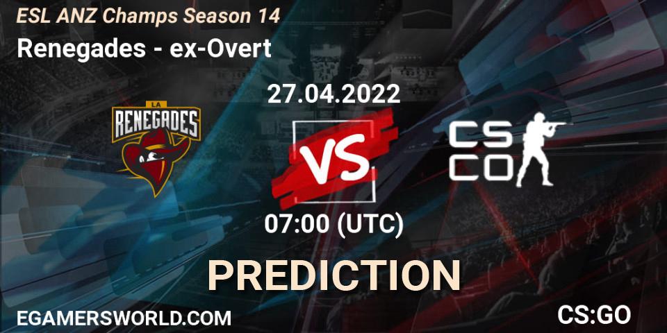 Renegades contre ex-Overt : prédiction de match. 27.04.2022 at 07:00. Counter-Strike (CS2), ESL ANZ Champs Season 14