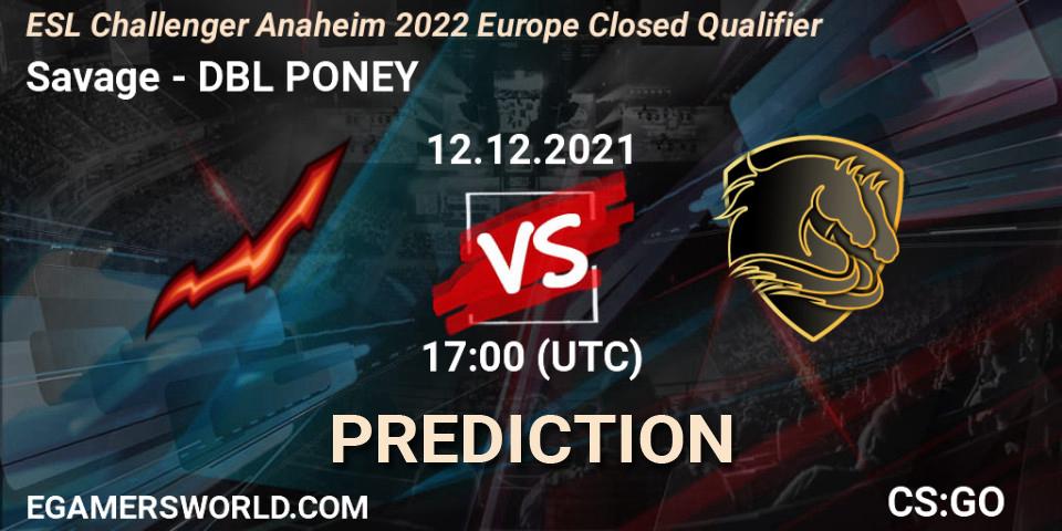 Savage contre DBL PONEY : prédiction de match. 12.12.2021 at 16:00. Counter-Strike (CS2), ESL Challenger Anaheim 2022 Europe Closed Qualifier