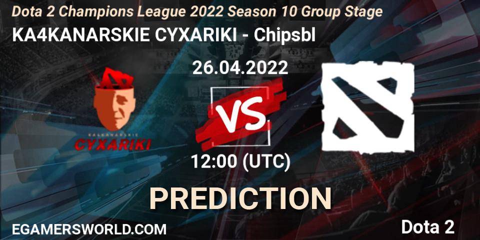 KA4KANARSKIE CYXARIKI contre Chipsbl : prédiction de match. 26.04.2022 at 11:59. Dota 2, Dota 2 Champions League 2022 Season 10 
