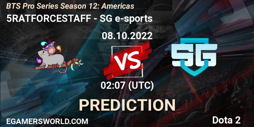 5RATFORCESTAFF contre SG e-sports : prédiction de match. 08.10.2022 at 02:07. Dota 2, BTS Pro Series Season 12: Americas