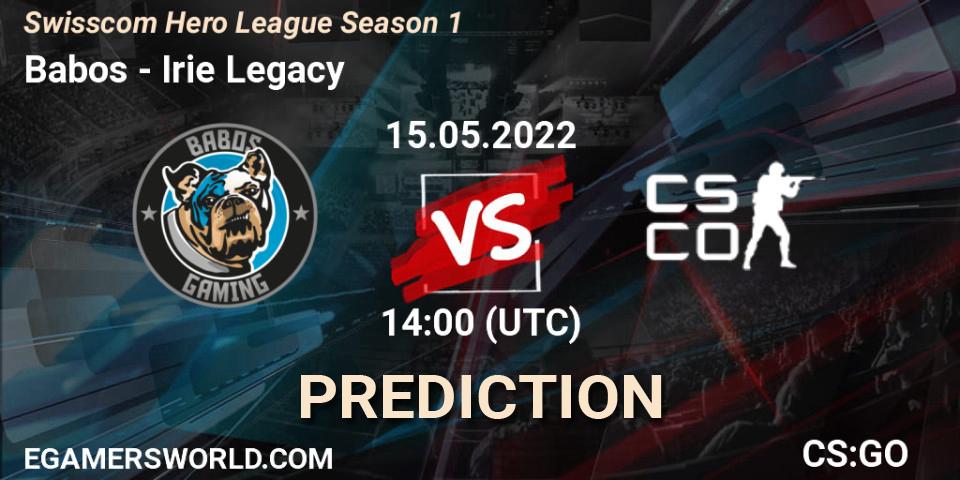 Babos contre Irie Legacy : prédiction de match. 15.05.2022 at 14:00. Counter-Strike (CS2), Swisscom Hero League Season 1