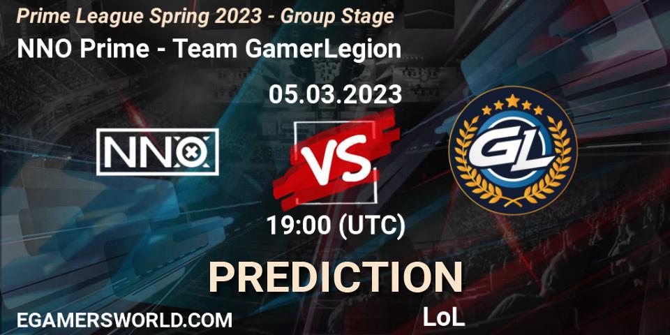 NNO Prime contre Team GamerLegion : prédiction de match. 05.03.2023 at 18:00. LoL, Prime League Spring 2023 - Group Stage