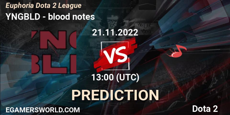 YNGBLD contre blood notes : prédiction de match. 21.11.2022 at 13:19. Dota 2, Euphoria Dota 2 League