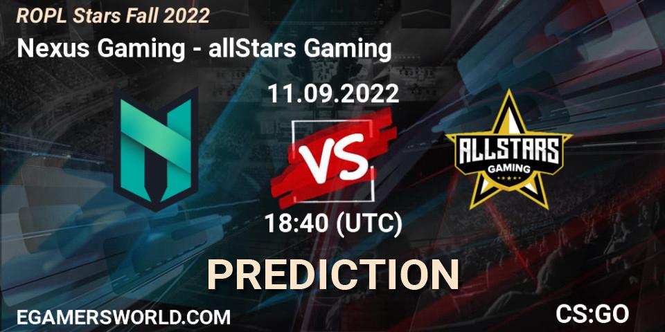 Nexus Gaming contre allStars Gaming : prédiction de match. 11.09.2022 at 18:40. Counter-Strike (CS2), ROPL Stars Fall 2022