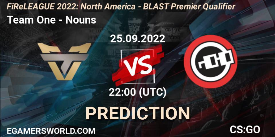 Team One contre Nouns : prédiction de match. 25.09.2022 at 22:00. Counter-Strike (CS2), FiReLEAGUE 2022: North America - BLAST Premier Qualifier