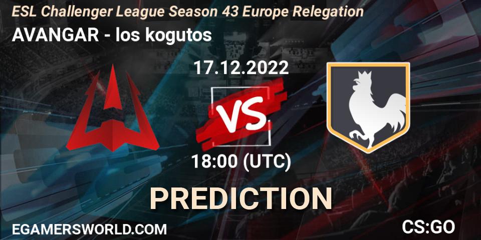 AVANGAR contre los kogutos : prédiction de match. 17.12.2022 at 18:00. Counter-Strike (CS2), ESL Challenger League Season 43 Europe Relegation