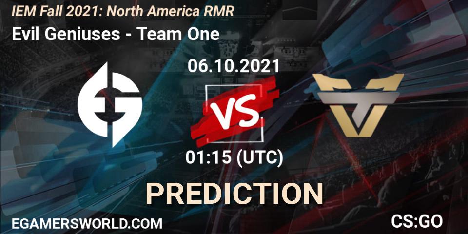 Evil Geniuses contre Team One : prédiction de match. 06.10.2021 at 01:20. Counter-Strike (CS2), IEM Fall 2021: North America RMR