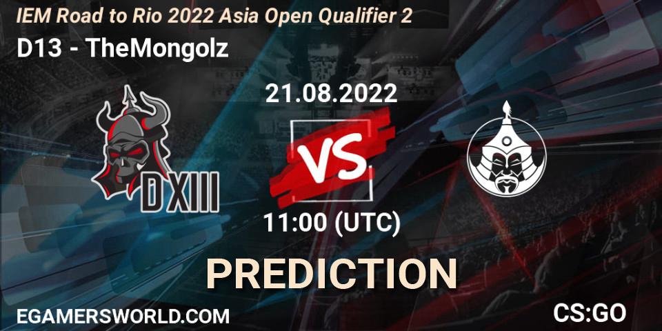 D13 contre TheMongolz : prédiction de match. 21.08.2022 at 11:00. Counter-Strike (CS2), IEM Road to Rio 2022 Asia Open Qualifier 2