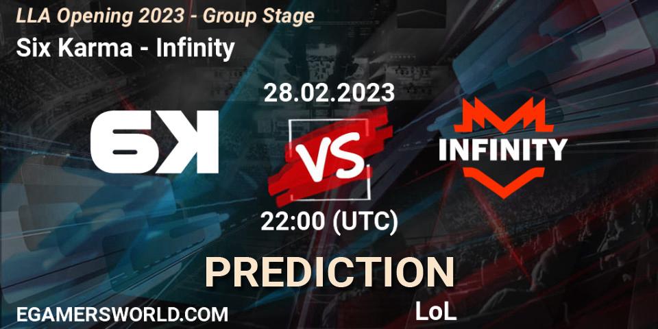 Six Karma contre Infinity : prédiction de match. 28.02.2023 at 22:00. LoL, LLA Opening 2023 - Group Stage