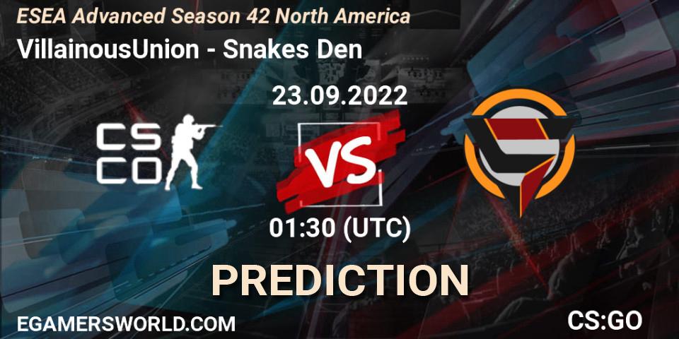 VillainousUnion contre Snakes Den : prédiction de match. 23.09.2022 at 01:10. Counter-Strike (CS2), ESEA Advanced Season 42 North America
