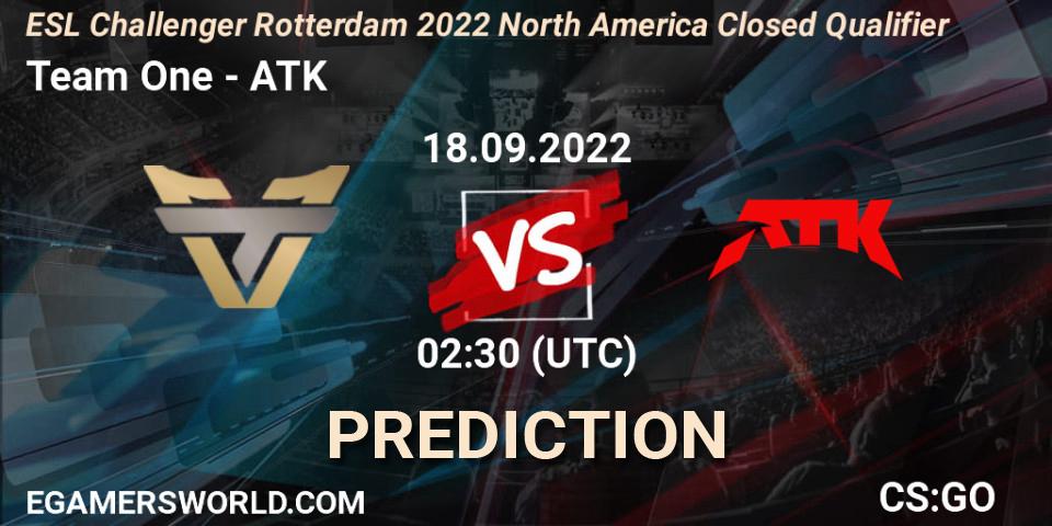 Team One contre ATK : prédiction de match. 18.09.2022 at 02:30. Counter-Strike (CS2), ESL Challenger Rotterdam 2022 North America Closed Qualifier
