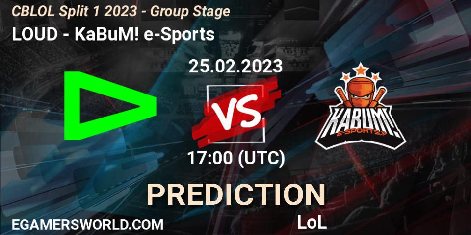 LOUD contre KaBuM! e-Sports : prédiction de match. 25.02.2023 at 17:15. LoL, CBLOL Split 1 2023 - Group Stage