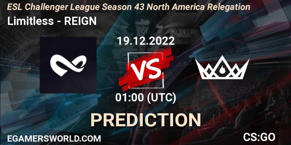 Limitless contre REIGN : prédiction de match. 19.12.2022 at 01:00. Counter-Strike (CS2), ESL Challenger League Season 43 North America Relegation