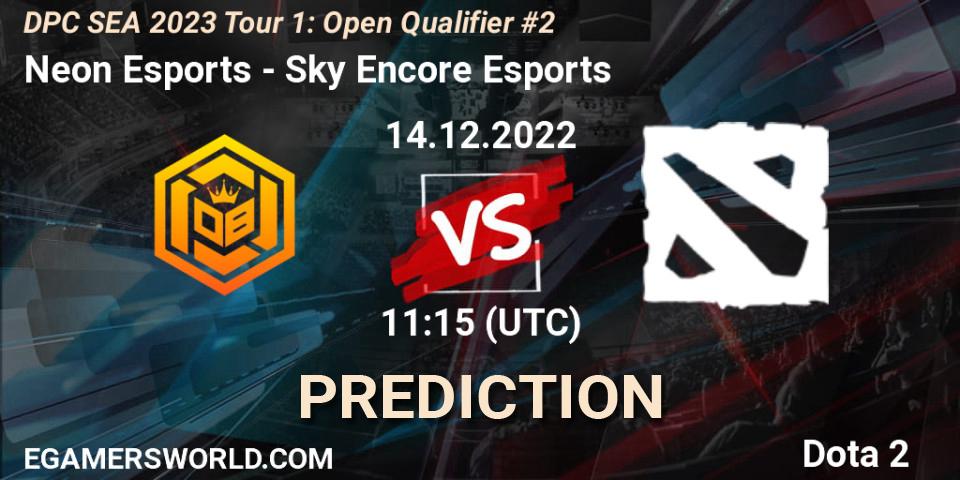 Neon Esports contre Sky Encore Esports : prédiction de match. 14.12.2022 at 11:18. Dota 2, DPC SEA 2023 Tour 1: Open Qualifier #2