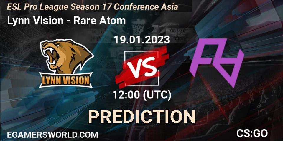 Lynn Vision contre Rare Atom : prédiction de match. 19.01.2023 at 12:30. Counter-Strike (CS2), ESL Pro League Season 17 Conference Asia