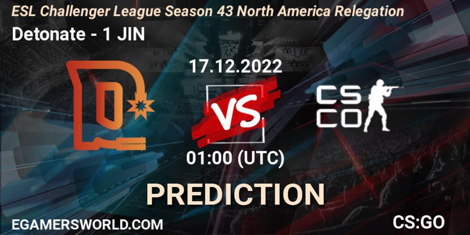 Detonate contre 1 JIN : prédiction de match. 17.12.2022 at 01:00. Counter-Strike (CS2), ESL Challenger League Season 43 North America Relegation