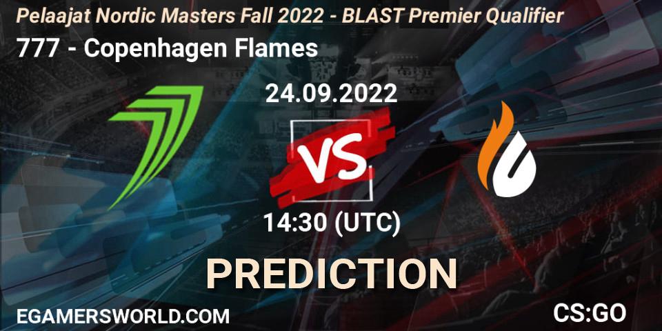 777 contre Copenhagen Flames : prédiction de match. 24.09.2022 at 14:30. Counter-Strike (CS2), Pelaajat.com Nordic Masters: Fall 2022
