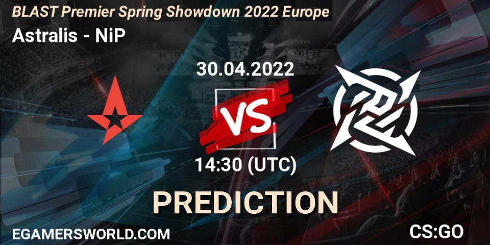 Astralis contre NiP : prédiction de match. 30.04.2022 at 14:30. Counter-Strike (CS2), BLAST Premier Spring Showdown 2022 Europe