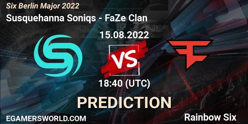 Susquehanna Soniqs contre FaZe Clan : prédiction de match. 15.08.2022 at 20:55. Rainbow Six, Six Berlin Major 2022