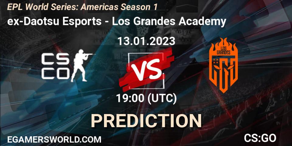 ex-Daotsu Esports contre Los Grandes Academy : prédiction de match. 13.01.2023 at 19:00. Counter-Strike (CS2), EPL World Series: Americas Season 1