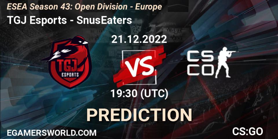 TGJ Esports contre SnusEaters : prédiction de match. 21.12.2022 at 19:30. Counter-Strike (CS2), ESEA Season 43: Open Division - Europe