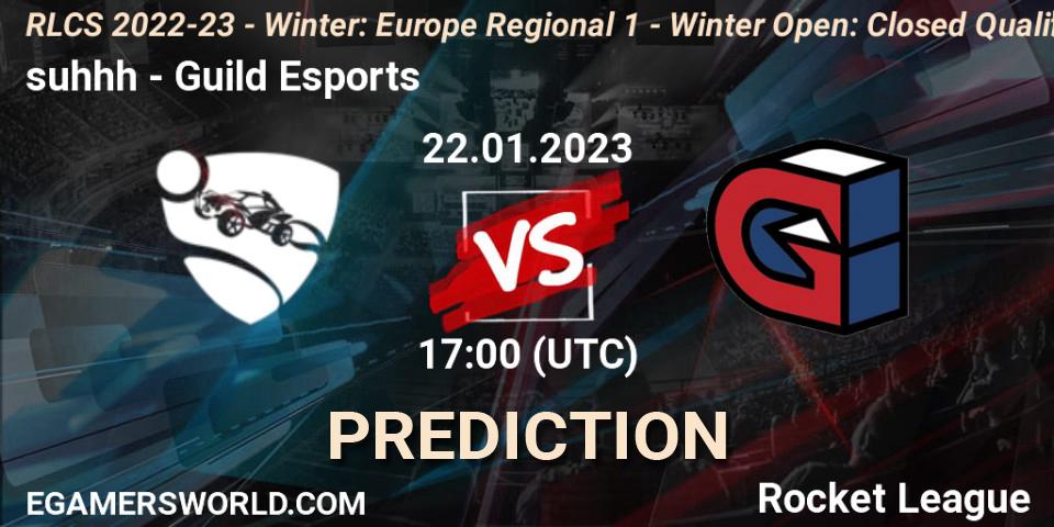 suhhh contre Guild Esports : prédiction de match. 22.01.2023 at 17:00. Rocket League, RLCS 2022-23 - Winter: Europe Regional 1 - Winter Open: Closed Qualifier