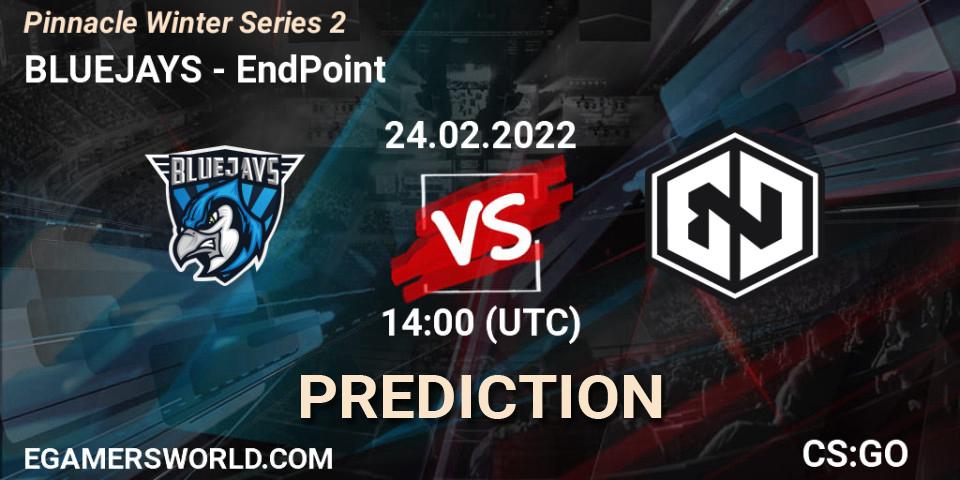 BLUEJAYS contre EndPoint : prédiction de match. 24.02.2022 at 14:00. Counter-Strike (CS2), Pinnacle Winter Series 2