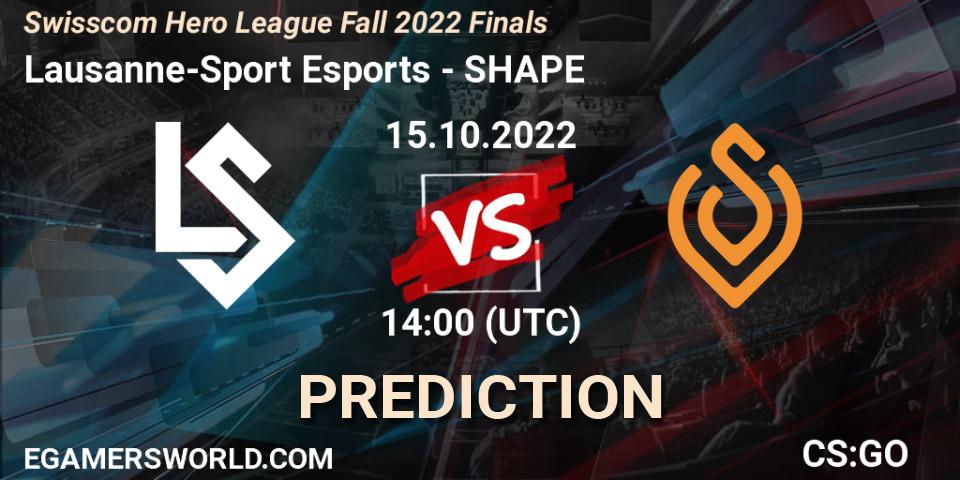 Lausanne-Sport Esports contre SHAPE : prédiction de match. 15.10.2022 at 14:00. Counter-Strike (CS2), Swisscom Hero League Fall 2022 Finals