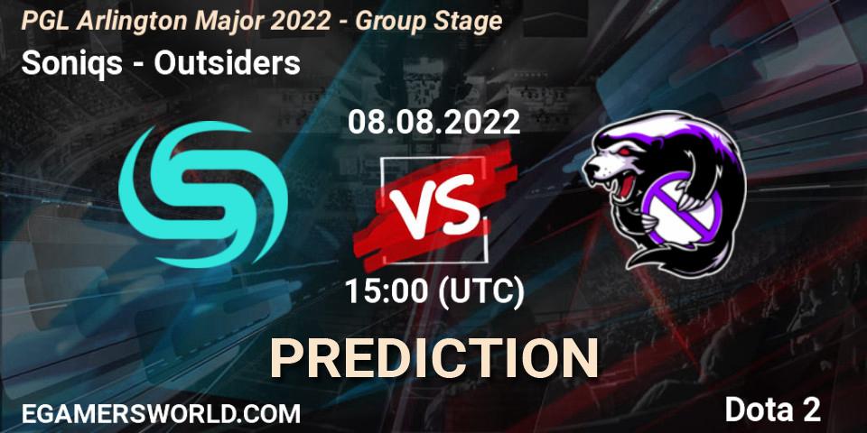 Soniqs contre Outsiders : prédiction de match. 08.08.2022 at 15:01. Dota 2, PGL Arlington Major 2022 - Group Stage