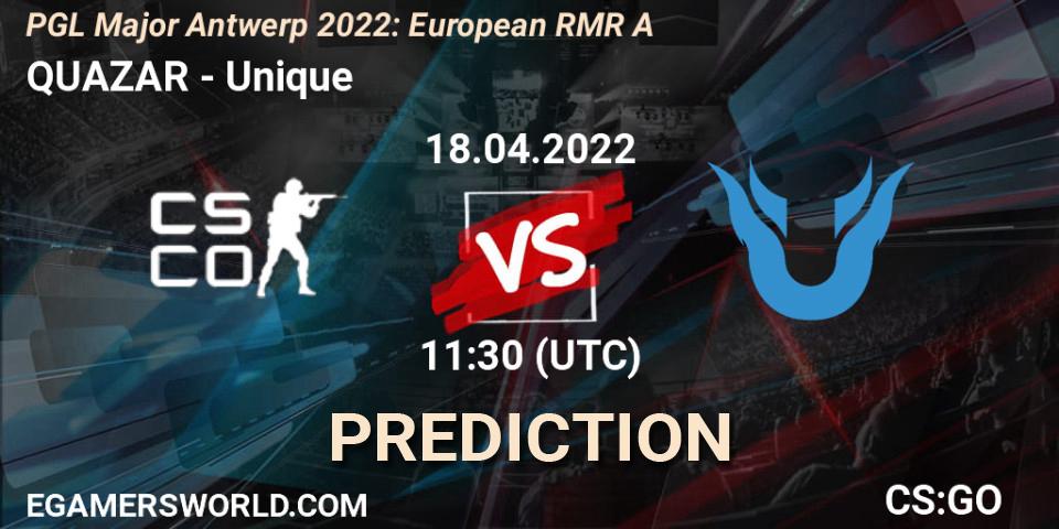 QUAZAR contre Unique : prédiction de match. 18.04.2022 at 12:25. Counter-Strike (CS2), PGL Major Antwerp 2022: European RMR A