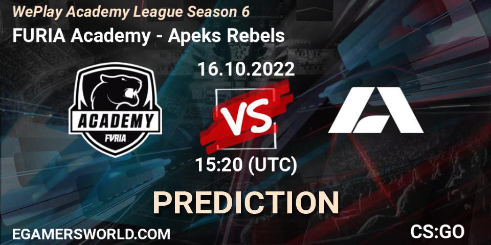 FURIA Academy contre Apeks Rebels : prédiction de match. 27.10.2022 at 20:05. Counter-Strike (CS2), WePlay Academy League Season 6