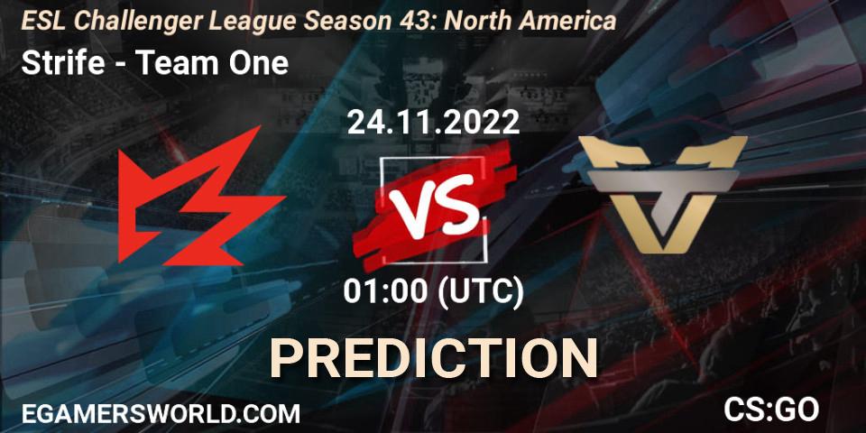 Strife contre Team One : prédiction de match. 24.11.2022 at 01:00. Counter-Strike (CS2), ESL Challenger League Season 43: North America