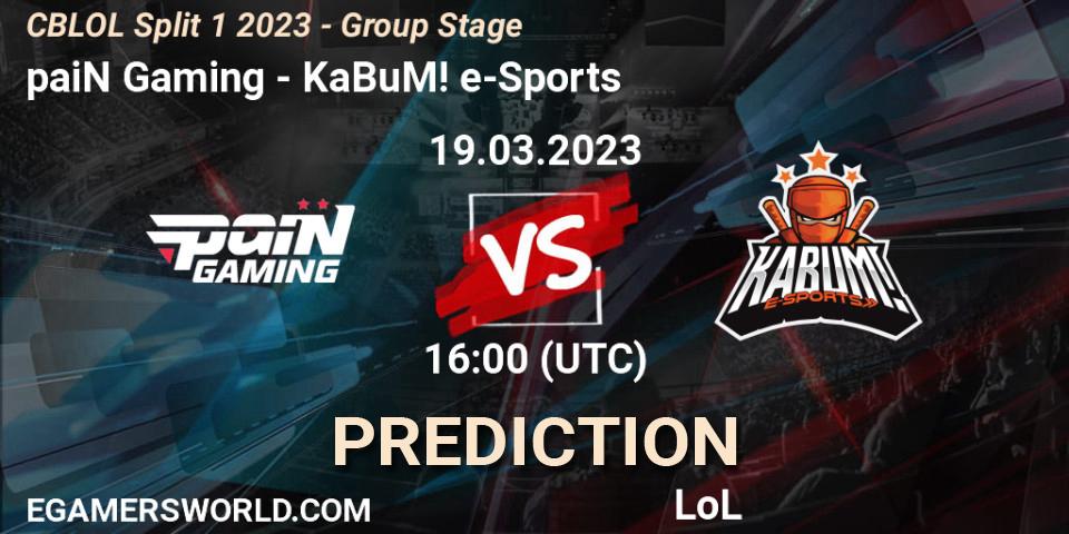 paiN Gaming contre KaBuM! e-Sports : prédiction de match. 19.03.2023 at 16:00. LoL, CBLOL Split 1 2023 - Group Stage
