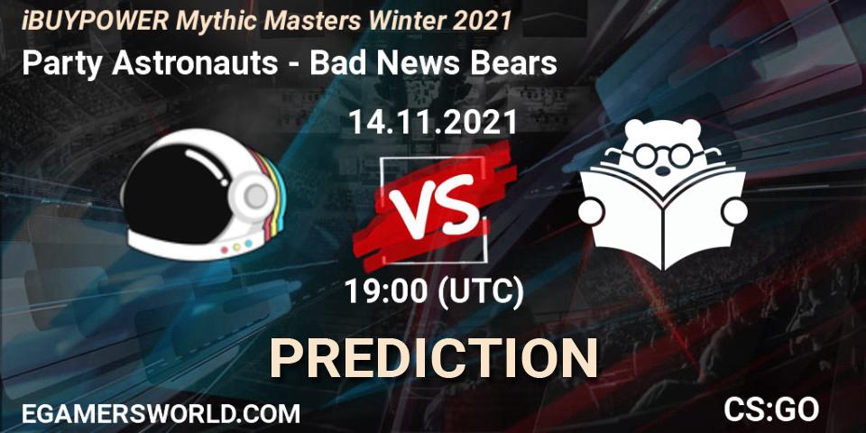 Party Astronauts contre Bad News Bears : prédiction de match. 14.11.2021 at 19:00. Counter-Strike (CS2), iBUYPOWER Mythic Masters Winter 2021