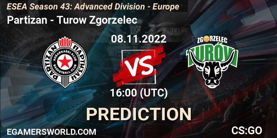 Partizan contre Turow Zgorzelec : prédiction de match. 08.11.2022 at 16:00. Counter-Strike (CS2), ESEA Season 43: Advanced Division - Europe