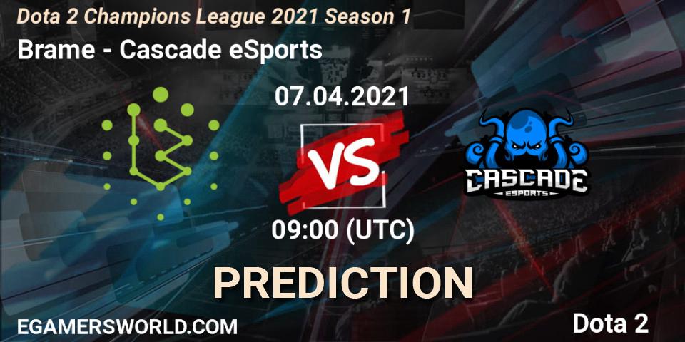Brame contre Cascade eSports : prédiction de match. 08.04.2021 at 09:07. Dota 2, Dota 2 Champions League 2021 Season 1