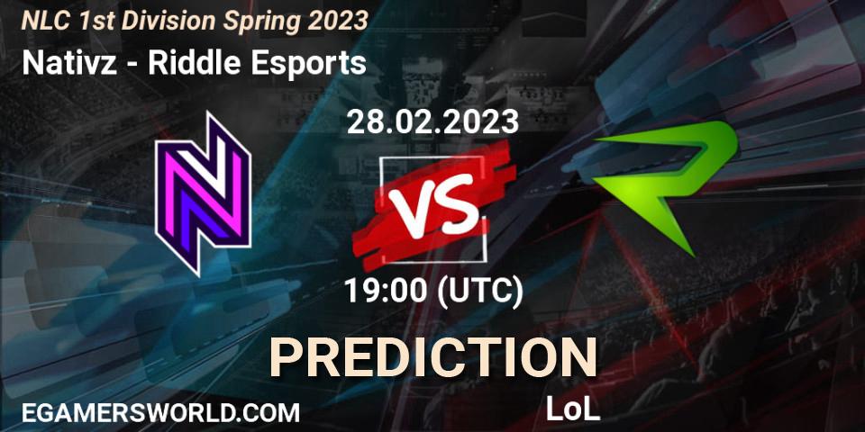 Nativz contre Riddle Esports : prédiction de match. 28.02.2023 at 19:00. LoL, NLC 1st Division Spring 2023