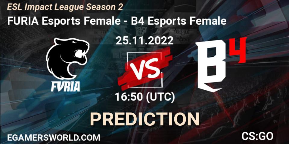 FURIA Esports Female contre B4 Esports Female : prédiction de match. 25.11.2022 at 16:45. Counter-Strike (CS2), ESL Impact League Season 2