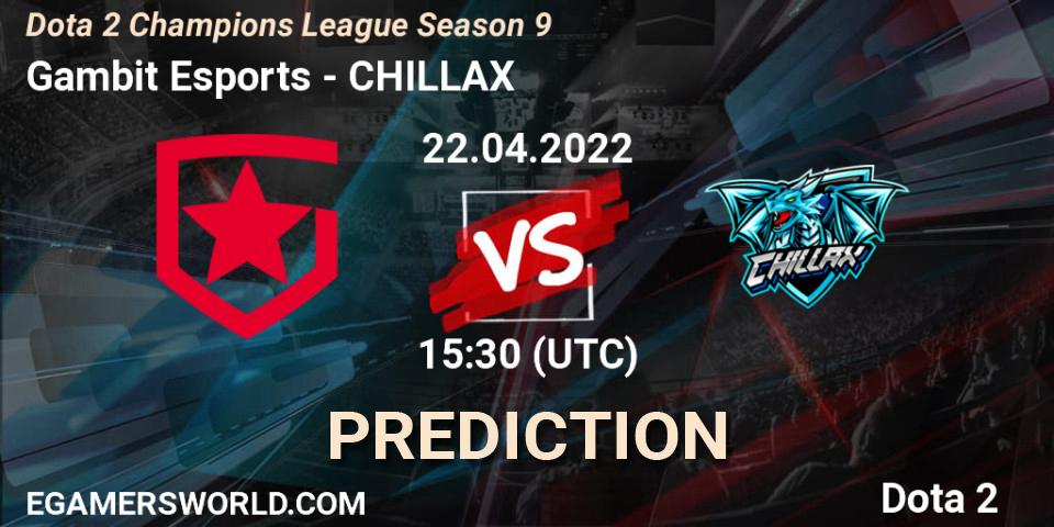Gambit Esports contre CHILLAX : prédiction de match. 22.04.2022 at 15:42. Dota 2, Dota 2 Champions League Season 9