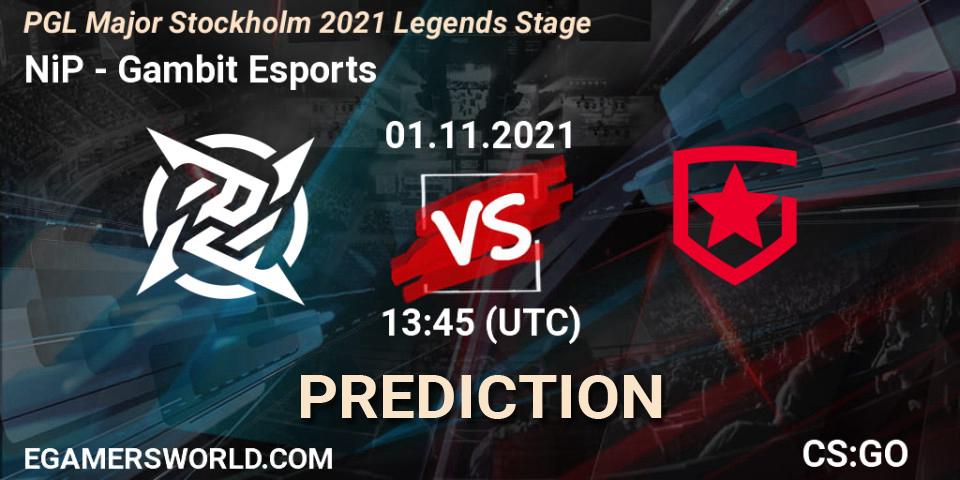 NiP contre Gambit Esports : prédiction de match. 01.11.21. CS2 (CS:GO), PGL Major Stockholm 2021 Legends Stage