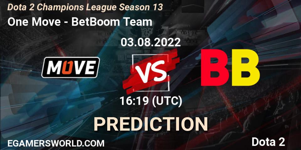 One Move contre BetBoom Team : prédiction de match. 03.08.2022 at 15:45. Dota 2, Dota 2 Champions League Season 13