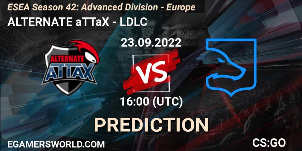 ALTERNATE aTTaX contre LDLC : prédiction de match. 23.09.2022 at 16:00. Counter-Strike (CS2), ESEA Season 42: Advanced Division - Europe
