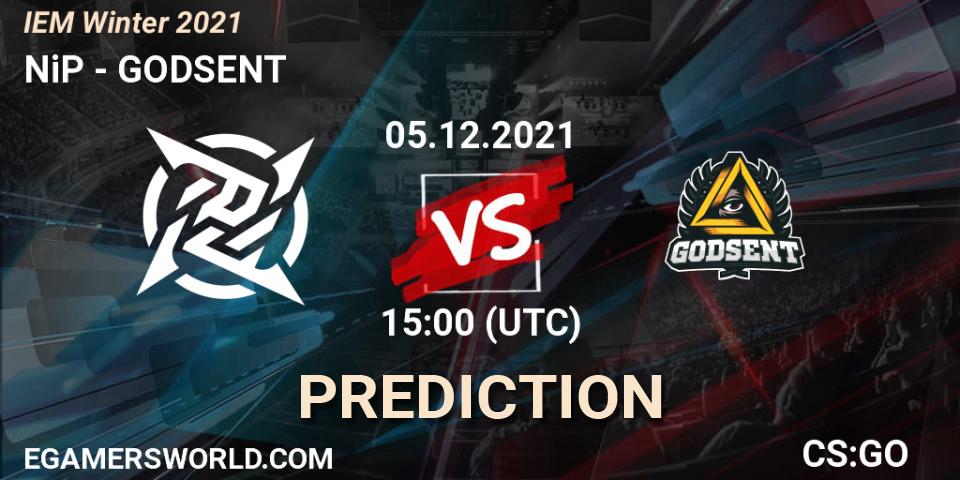 NiP contre GODSENT : prédiction de match. 05.12.2021 at 15:00. Counter-Strike (CS2), IEM Winter 2021