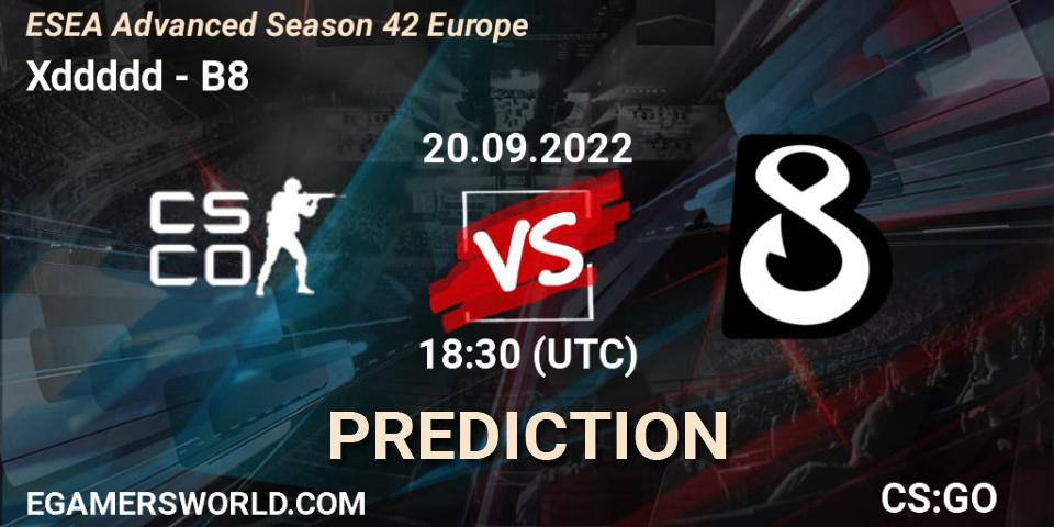 Xddddd contre B8 : prédiction de match. 21.09.2022 at 15:00. Counter-Strike (CS2), ESEA Season 42: Advanced Division - Europe