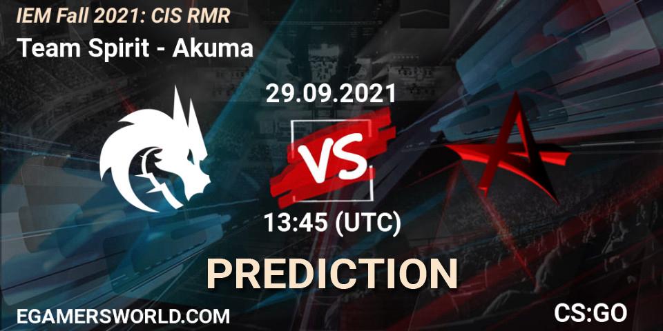 Team Spirit contre Akuma : prédiction de match. 29.09.2021 at 14:15. Counter-Strike (CS2), IEM Fall 2021: CIS RMR
