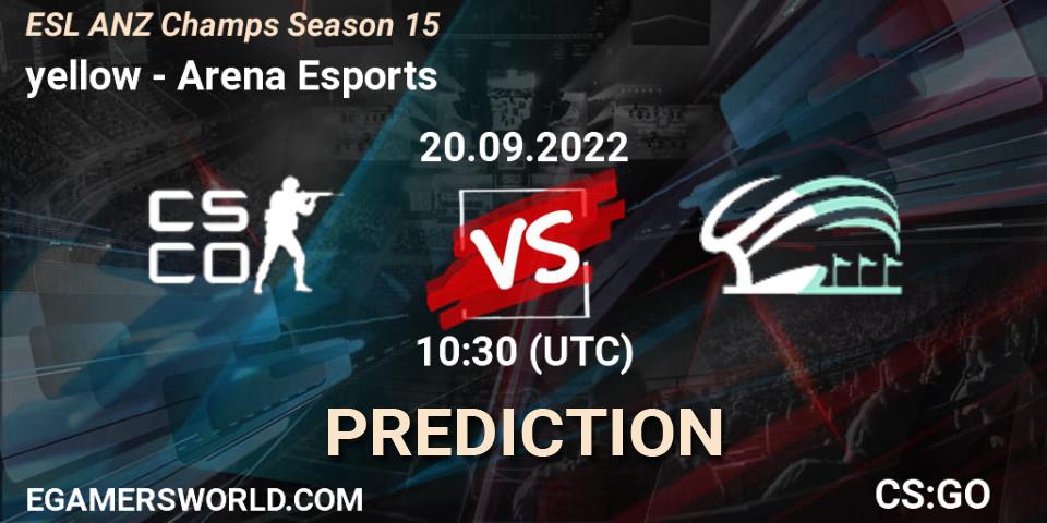 yellow contre Arena Esports : prédiction de match. 20.09.2022 at 10:30. Counter-Strike (CS2), ESL ANZ Champs Season 15