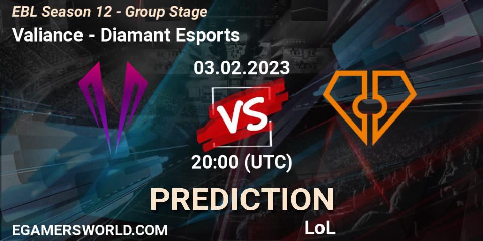 Valiance contre Diamant Esports : prédiction de match. 03.02.2023 at 20:00. LoL, EBL Season 12 - Group Stage