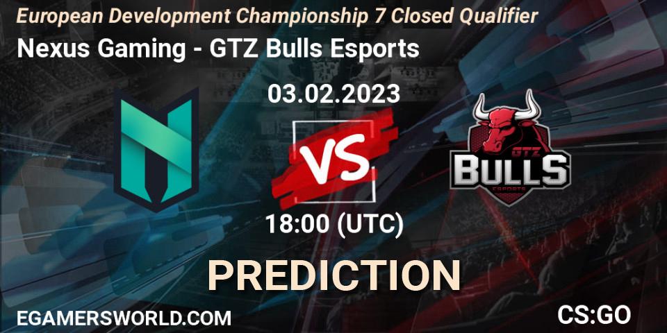 Nexus Gaming contre GTZ Bulls Esports : prédiction de match. 03.02.23. CS2 (CS:GO), European Development Championship 7 Closed Qualifier